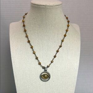 Rustic “All Seeing Evil Eye” Hammered Metal Pendant on a Stone Beaded Necklace